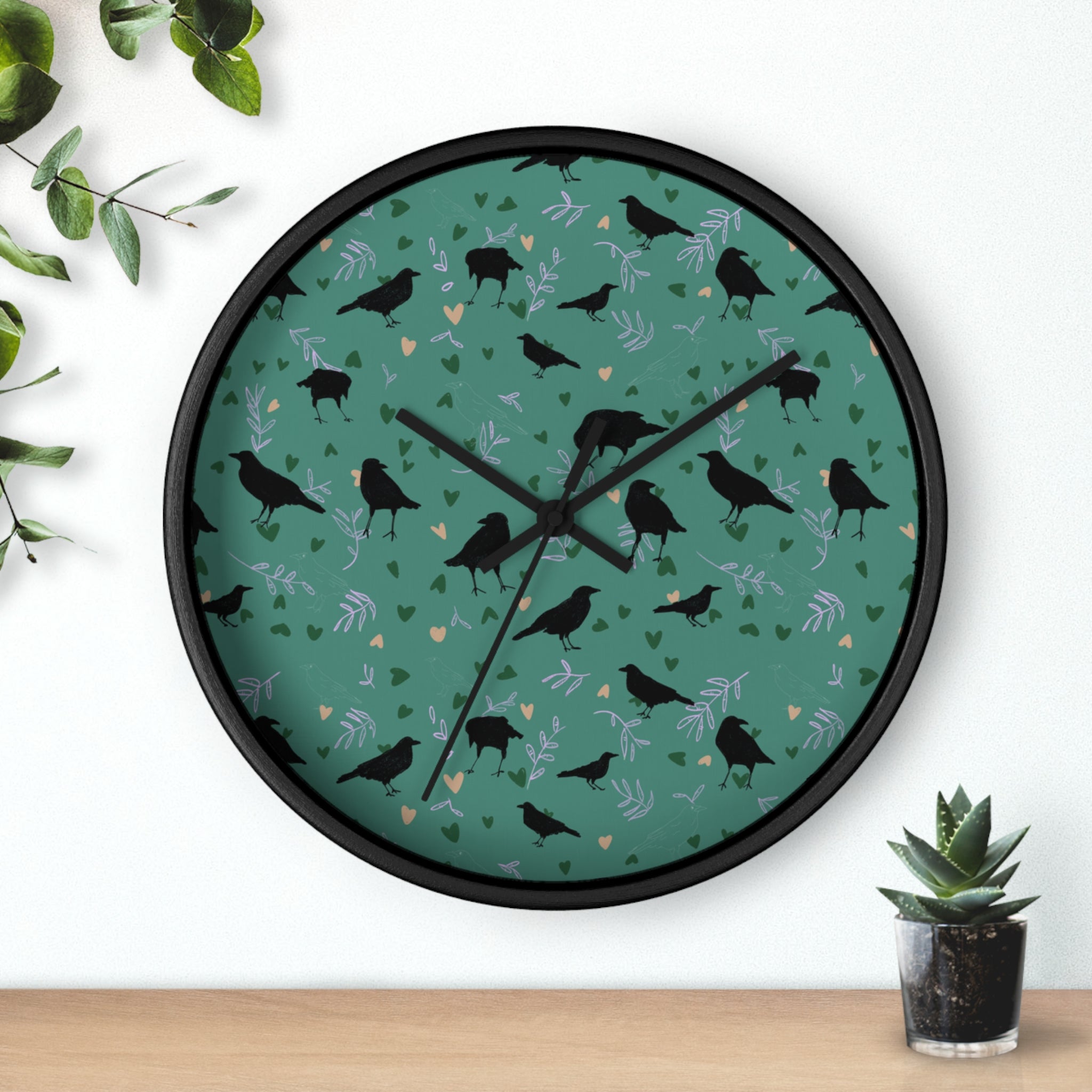 🕰️ Raven Rhythm – Forest Green Art Clock