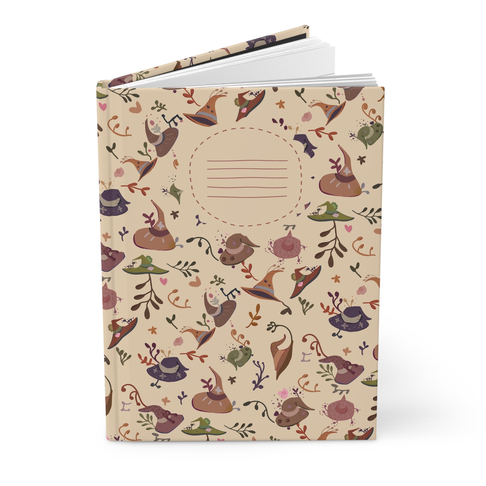 Matte finish witchcore notebook with illustrated hats and herbs – hardcover