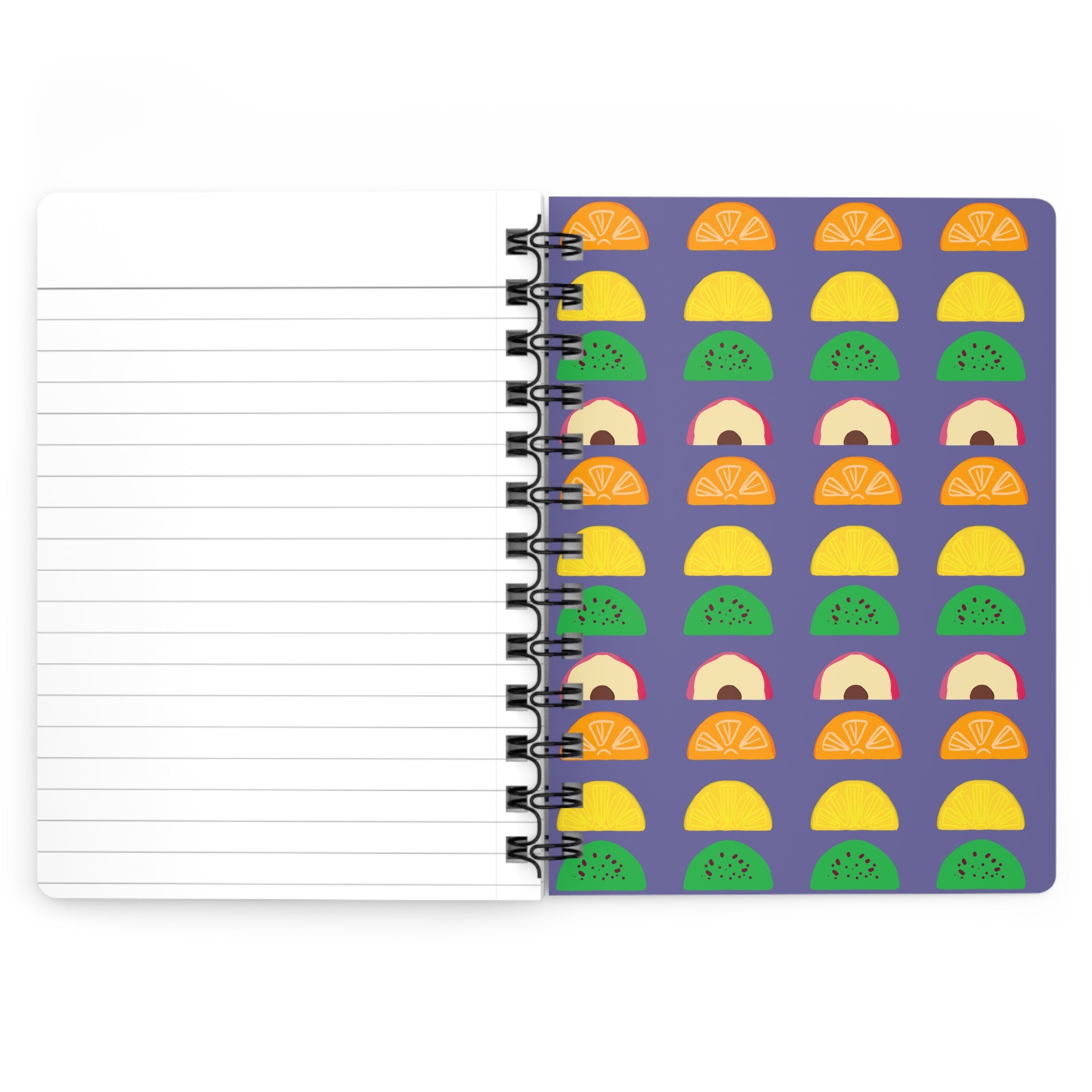 🍓 Tutti Frutti 5"x7" Spiral Notebook – Purple Fruit Pattern Journal with Glossy Hardcover
