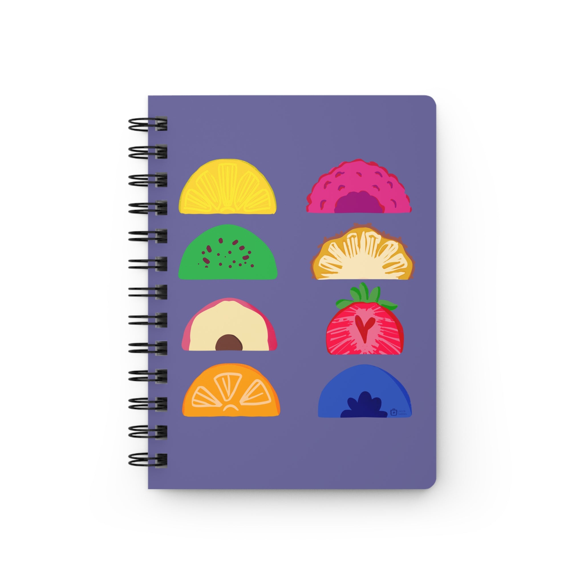 🍓 Tutti Frutti 5"x7" Spiral Notebook – Purple Fruit Pattern Journal with Glossy Hardcover