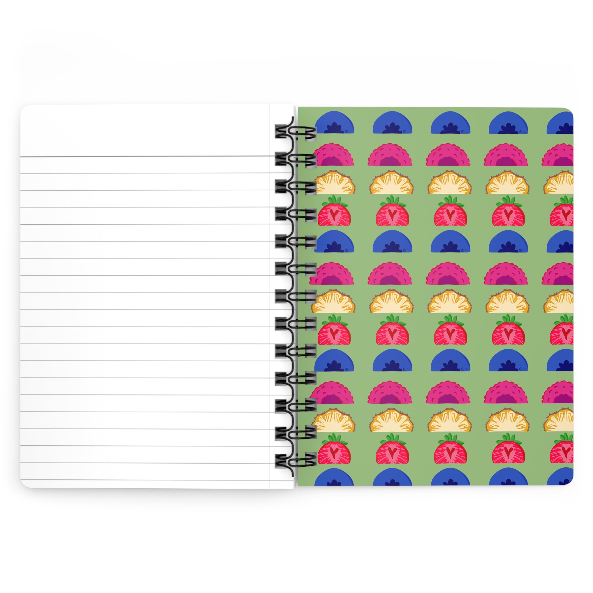 🍓 Tutti Frutti 5"x7" Spiral Notebook – Green Fruit Pattern Journal with Glossy Hardcover