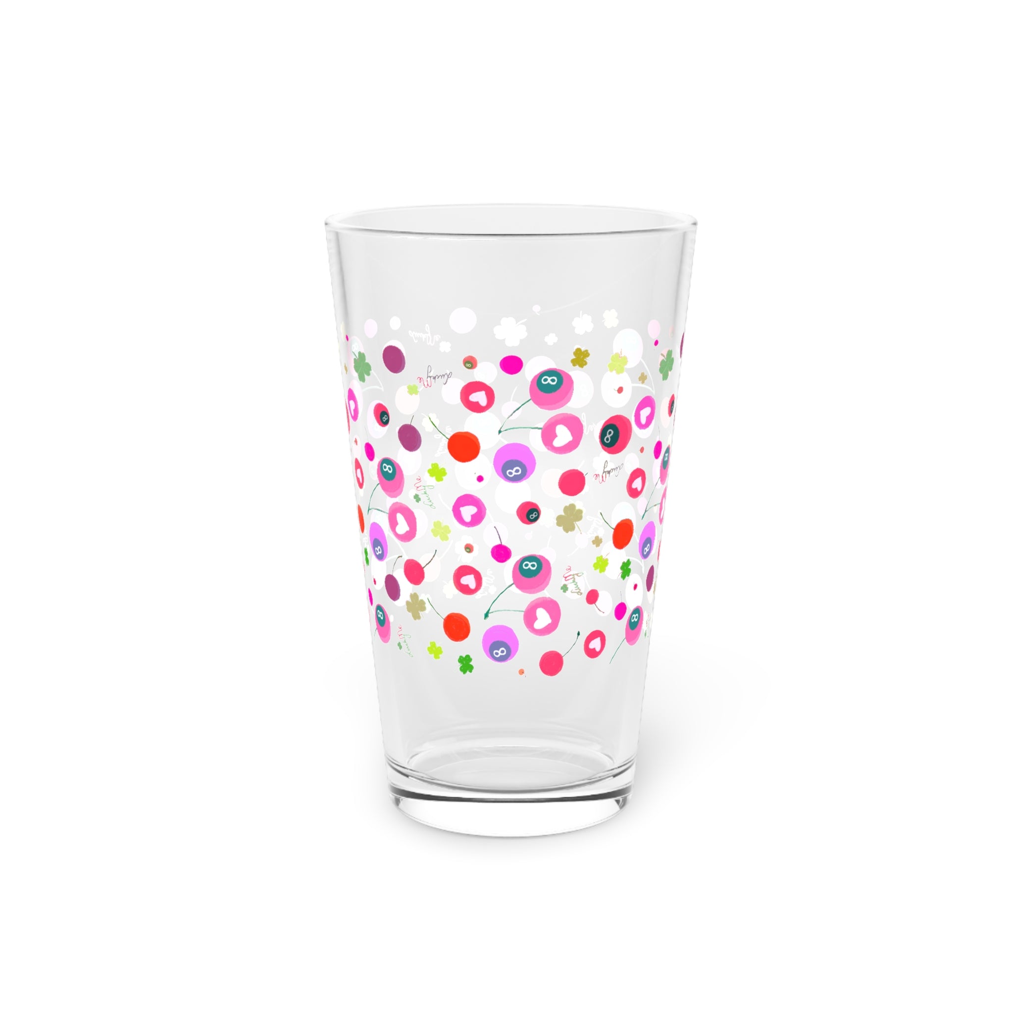 Colorful 16oz pint glass with playful cherry pattern and dotted design on clear glass