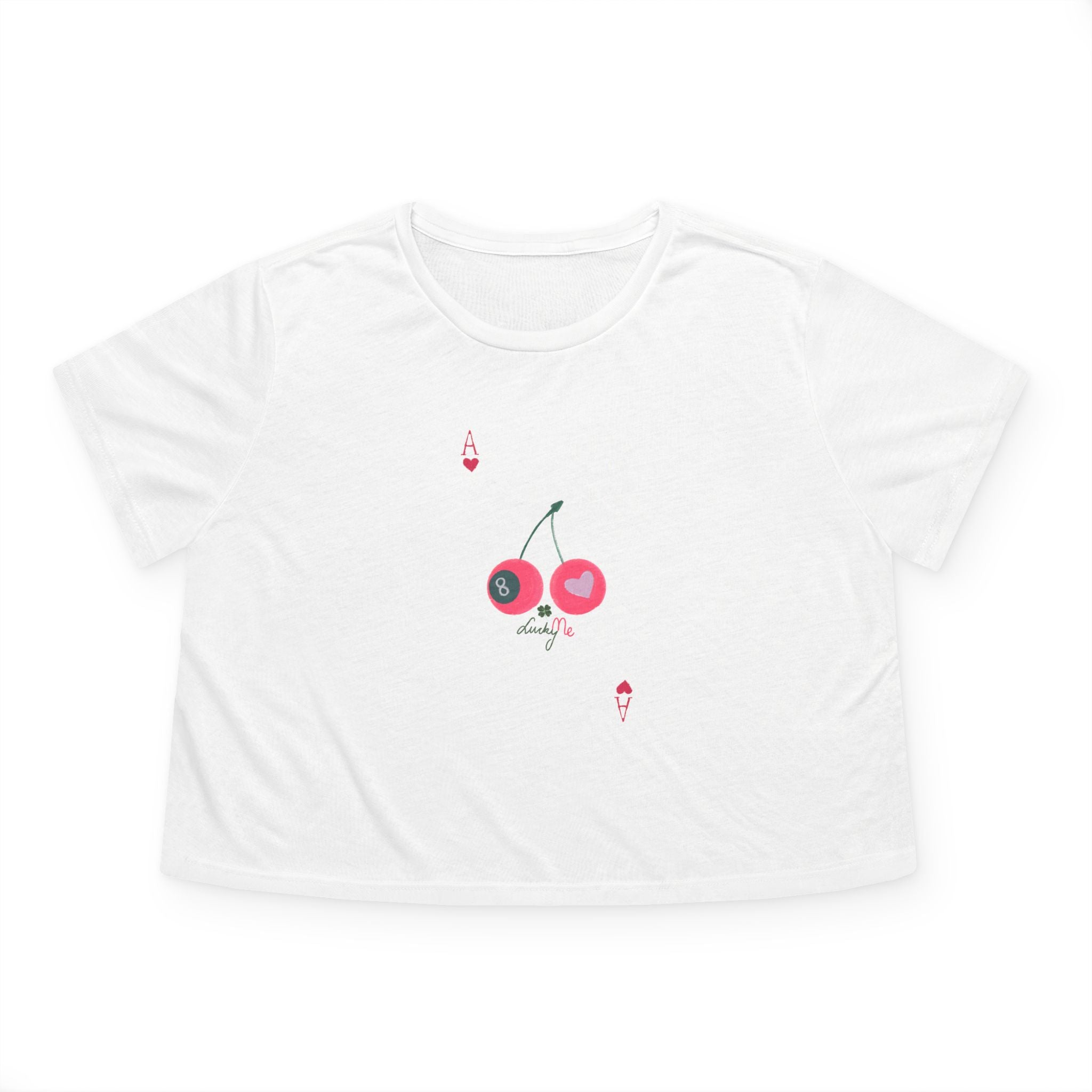 flat lay Lucky Me white cropped tee with cherry and 8-ball print mock up
