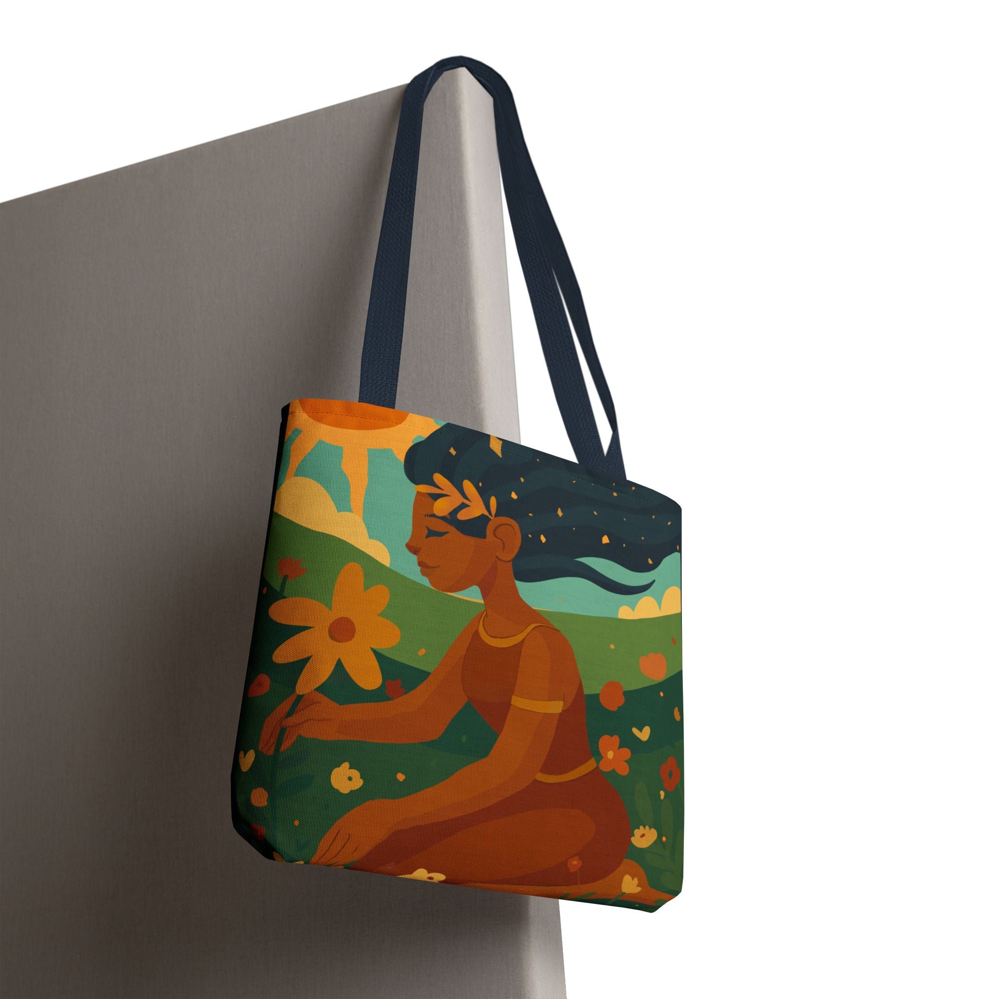 Artistic eco tote bag hanging on wall – boho-style woman among flowers | Hängende Tasche mit folkloristischer Blumen-Illustration, nachhaltiges Design