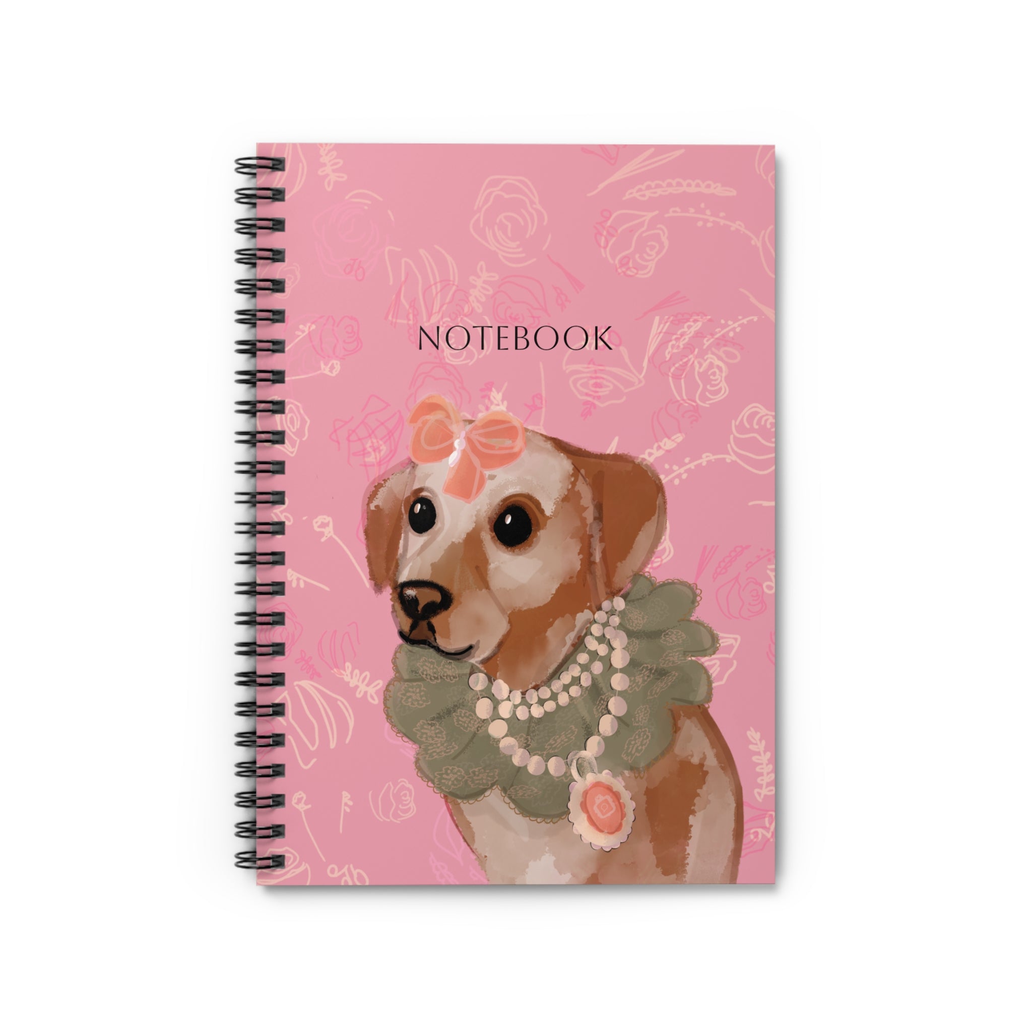 Spiral notebook featuring a stylish illustrated dog with pearls and bow on a pink floral background. Ideal for journaling and gift-giving.