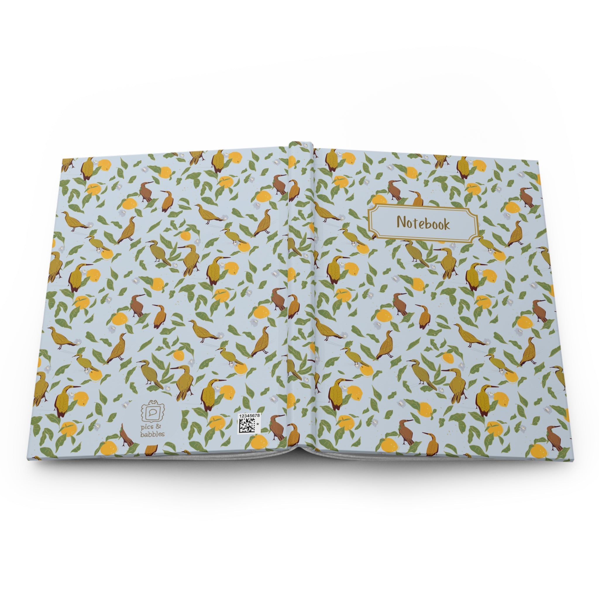 open soft blue floral notebook bird and lemon pattern spread