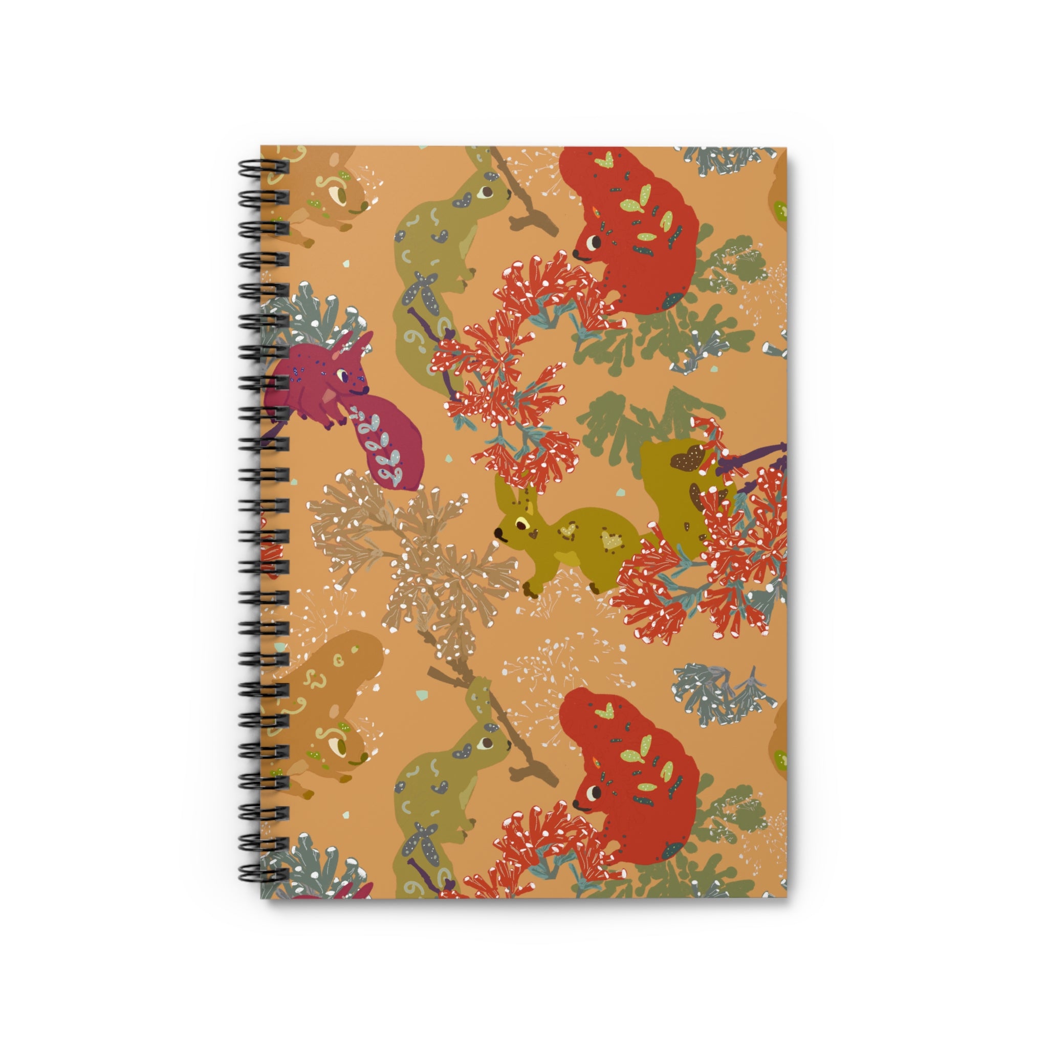 Spiral notebook in warm ochre tones with squirrel illustrations and leaf textures. Ideal for fall journaling or seasonal gifts.