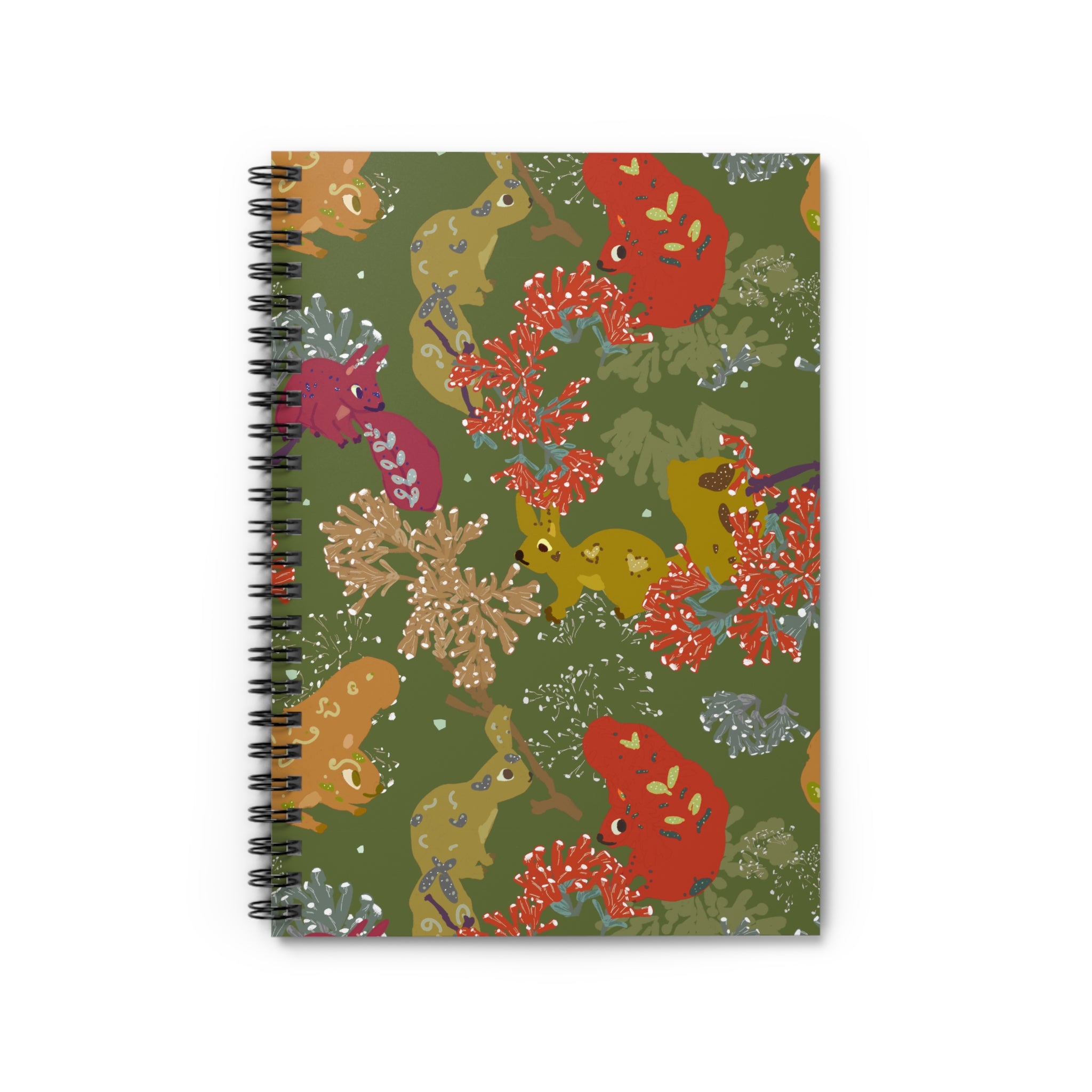 Squirrel-themed spiral notebook with green background and fall-toned forest elements. Cozy woodland design for writing or gifting.