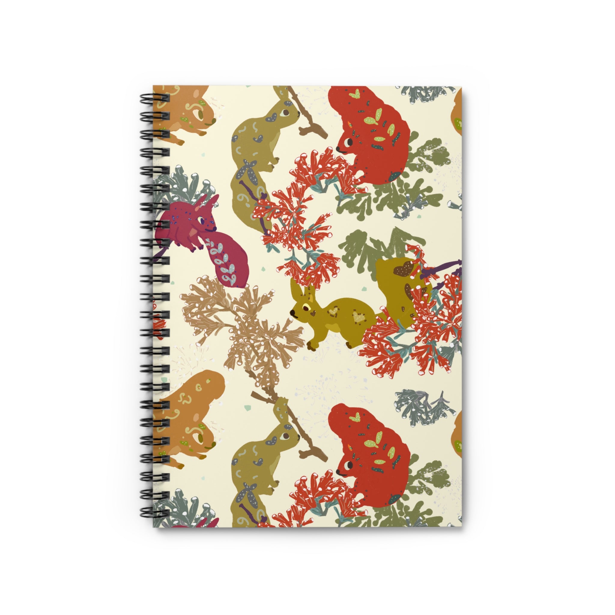 Soft cream spiral notebook with playful squirrel pattern. A calm, minimalist journal for daily notes or slow living routines.