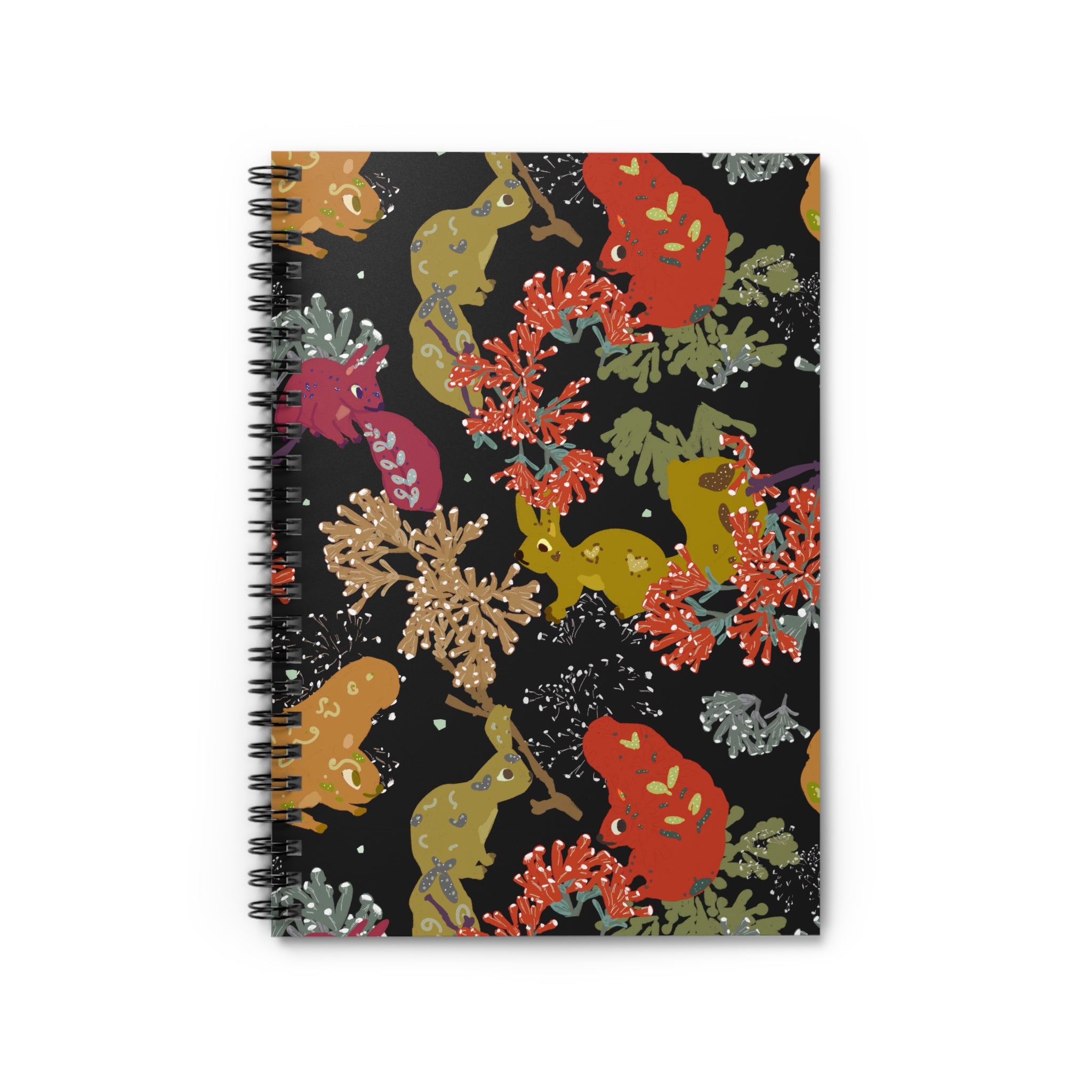 Black spiral notebook featuring illustrated squirrels with warm autumn tones. Perfect for journaling, sketching, or quiet planning.