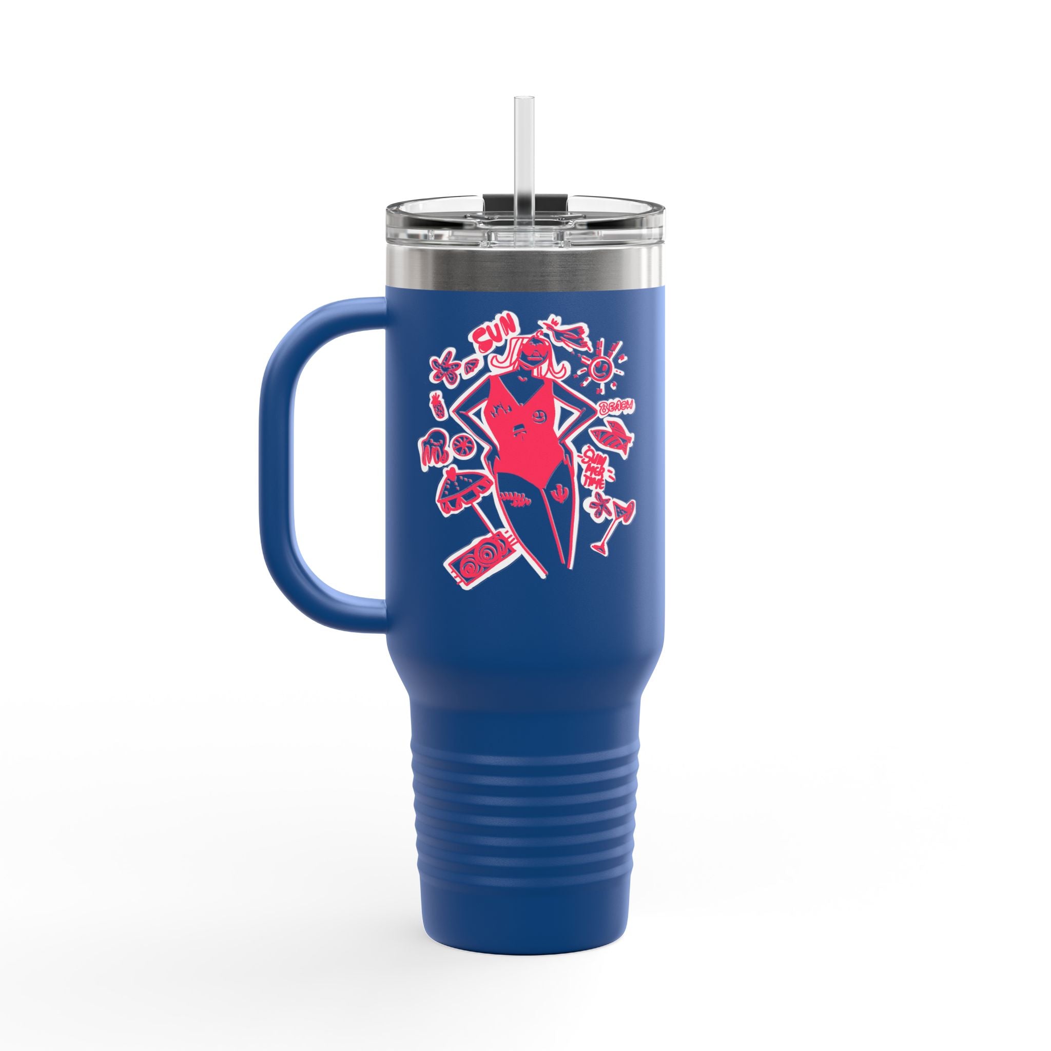 Blue insulated travel mug featuring pink &