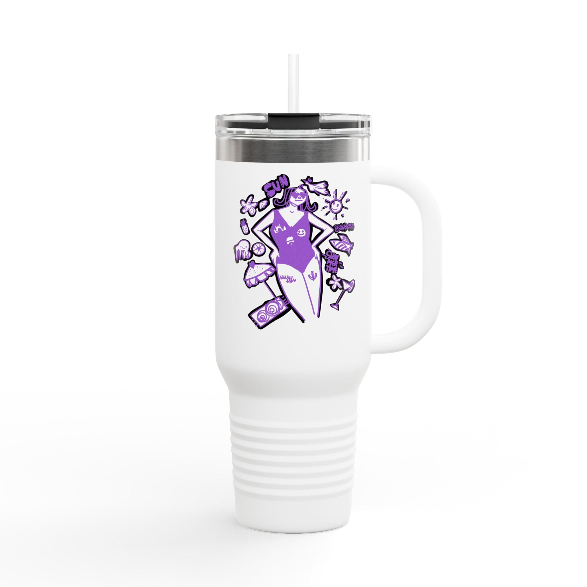 White insulated tumbler with purple &