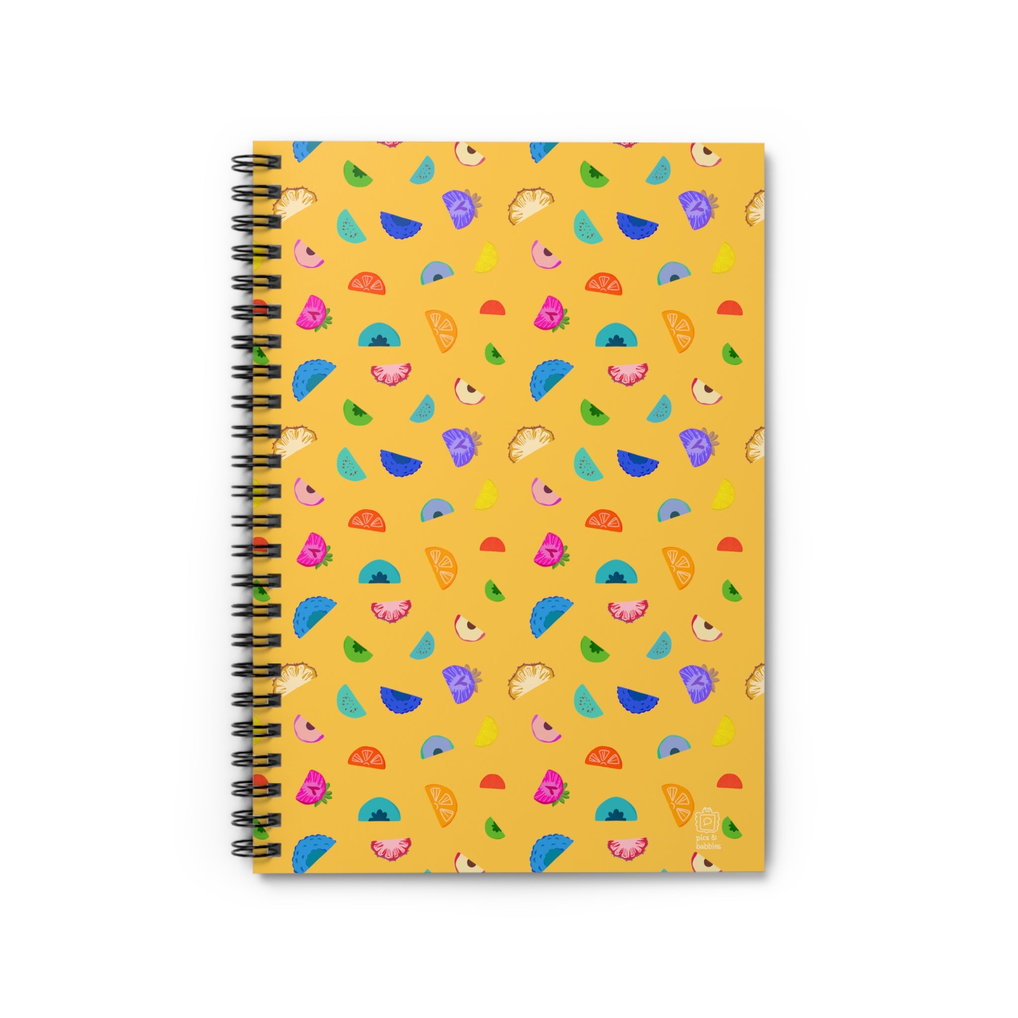 Tutti Frutti spiral notebook in sunny yellow with hand-drawn fruit illustrations. Cheerful stationery for notes and gifts.