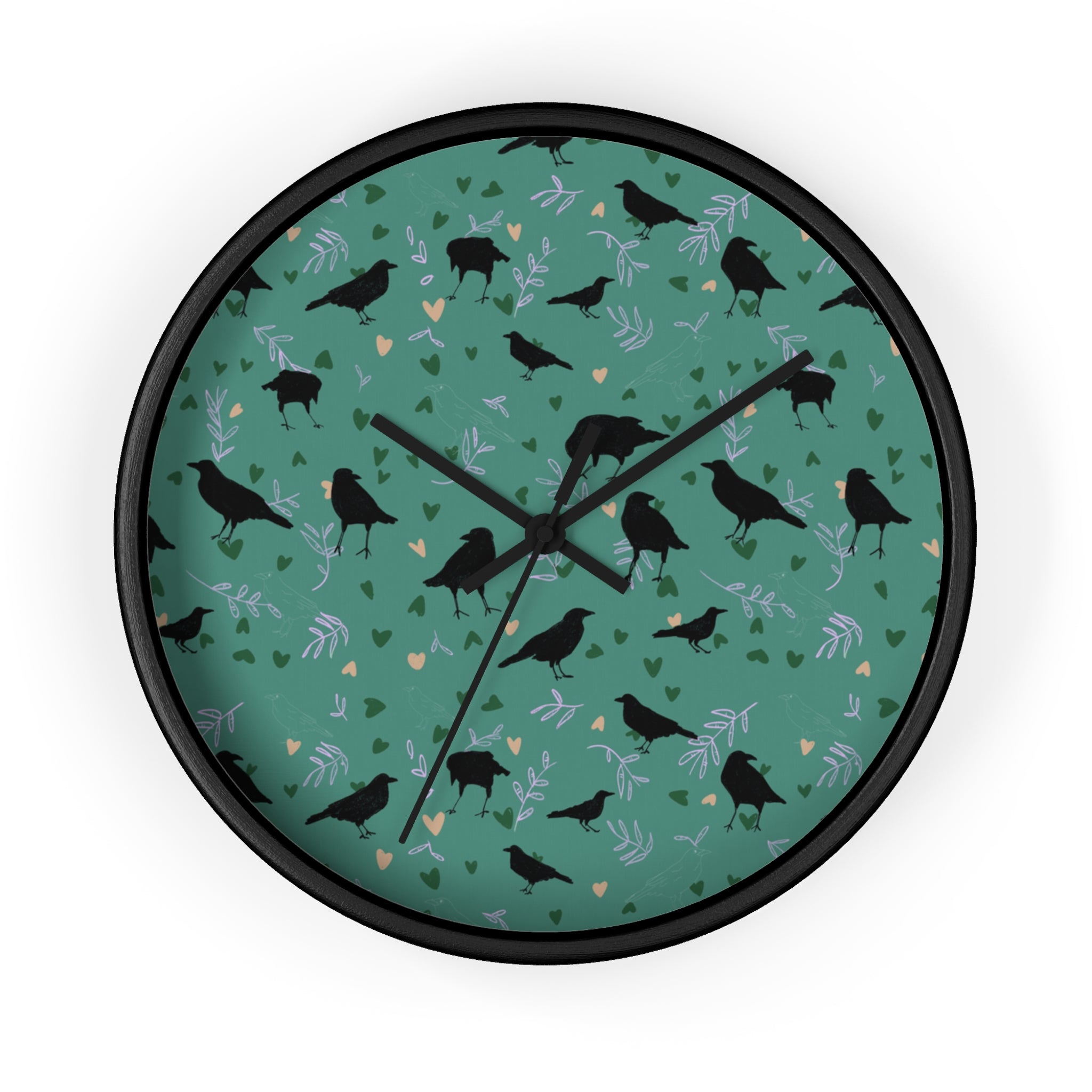 Modern wall clock with forest green background and black crow pattern – Pics & Babbles original artwork.