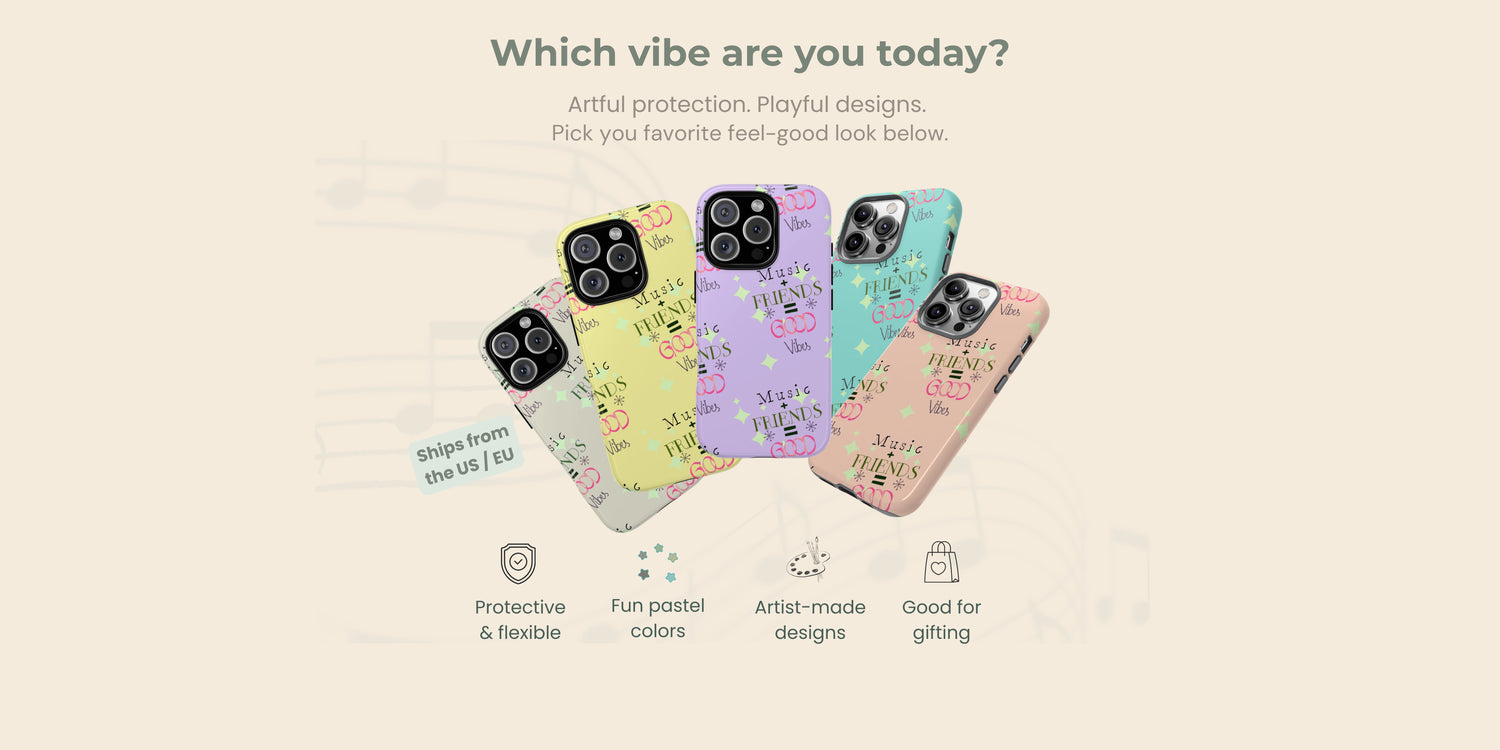 Three “Good Vibes” phone cases in different colors (pink, pastel, peach) displayed side by side on neutral background