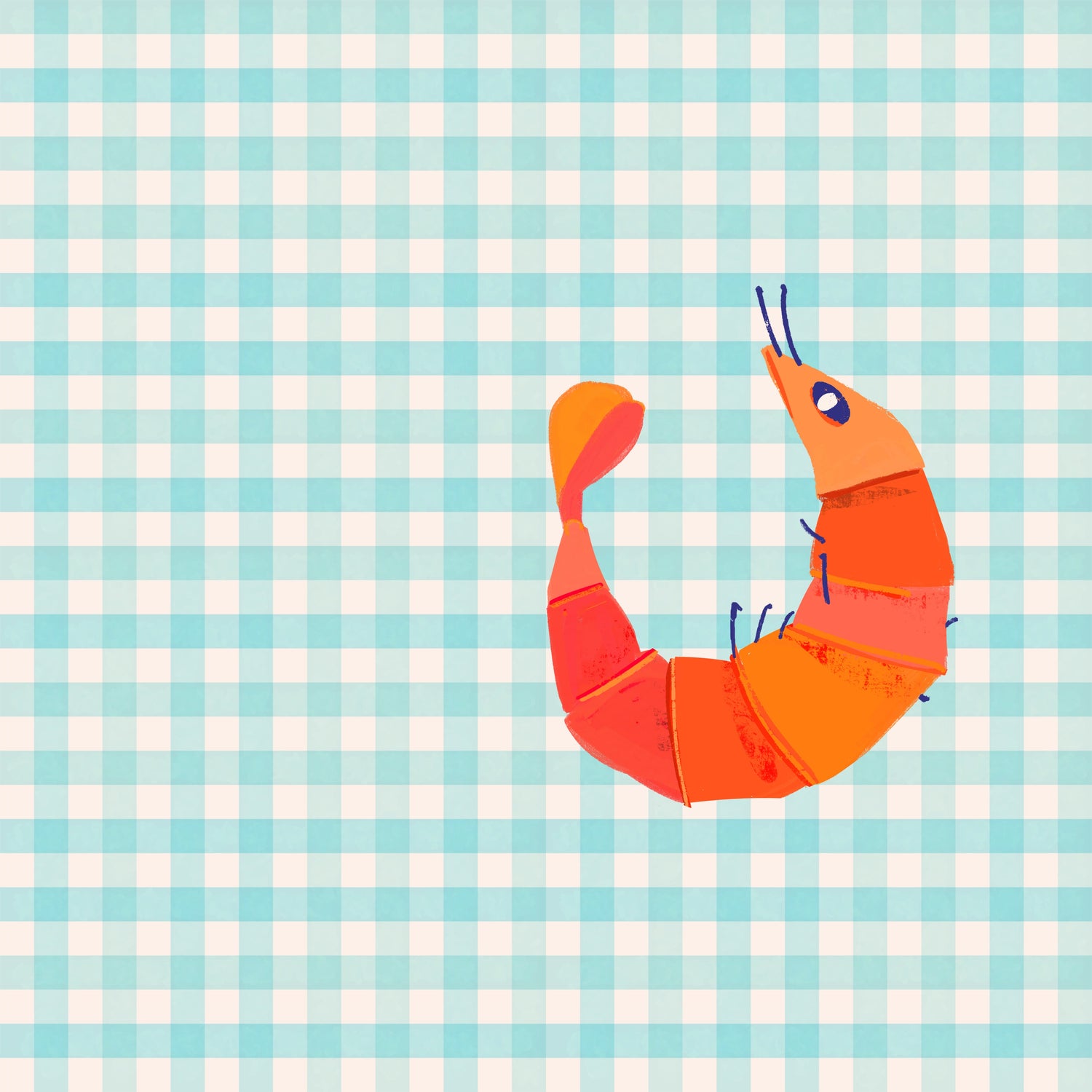 Orange illustrated shrimp on a turquoise gingham background from the Coastal Days collection