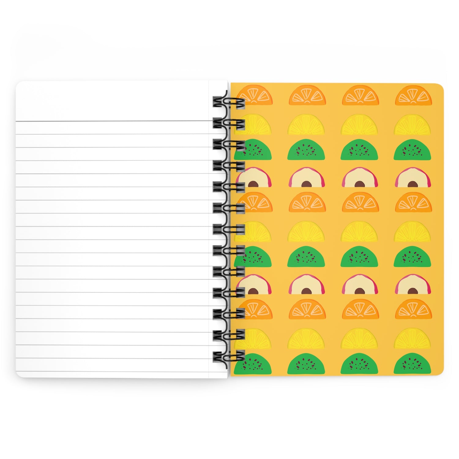 🍓 Tutti Frutti 5"x7" Spiral Notebook – Yellow Fruit Pattern Journal with Glossy Hardcover