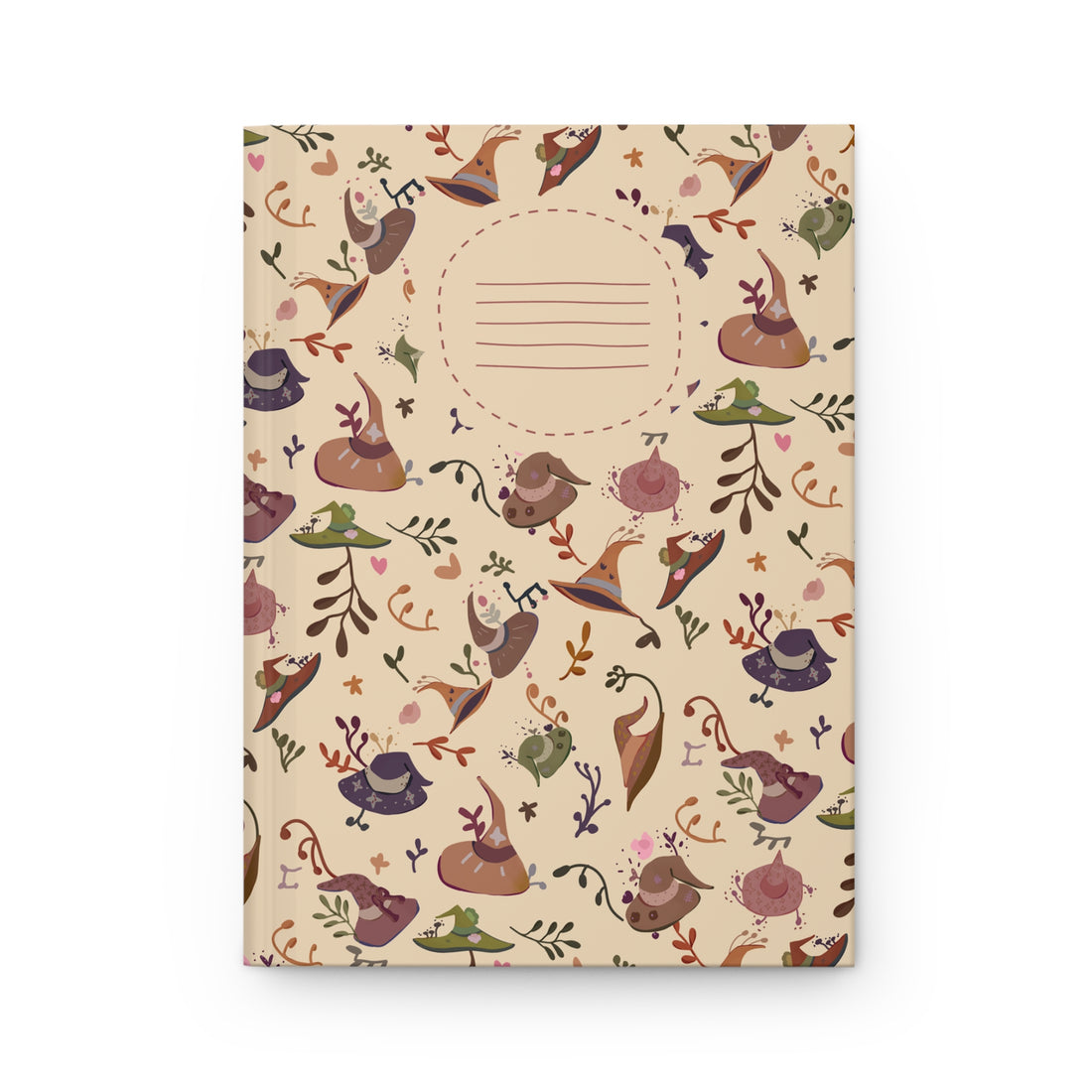 Hardcover journal with whimsical witch hat and botanical doodle print – beige background