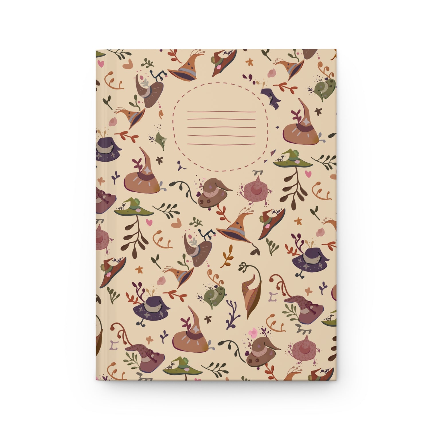 Hardcover journal with whimsical witch hat and botanical doodle print – beige background