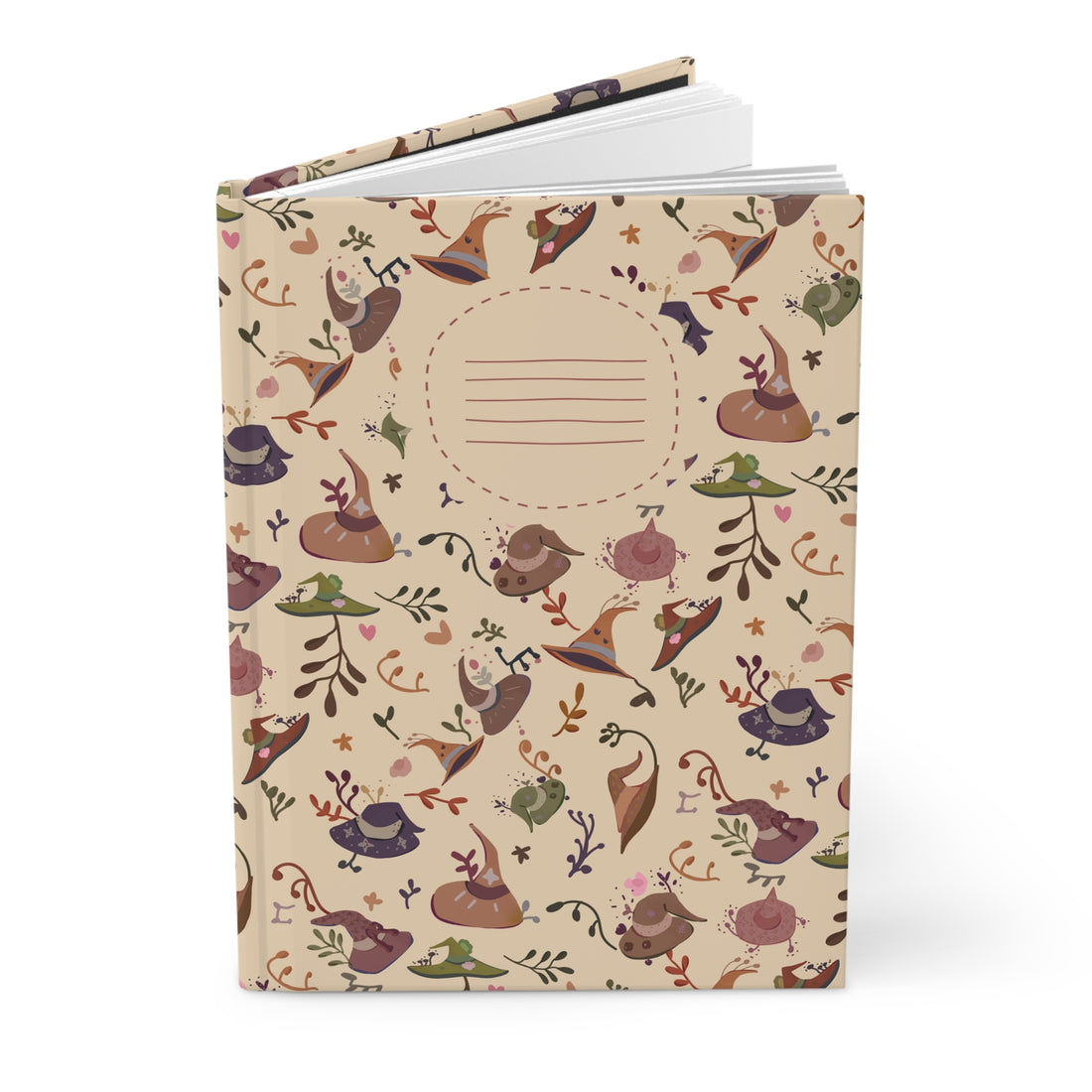 Matte finish witchcore notebook with illustrated hats and herbs – hardcover