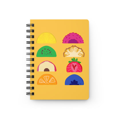 🍓 Tutti Frutti 5"x7" Spiral Notebook – Yellow Fruit Pattern Journal with Glossy Hardcover
