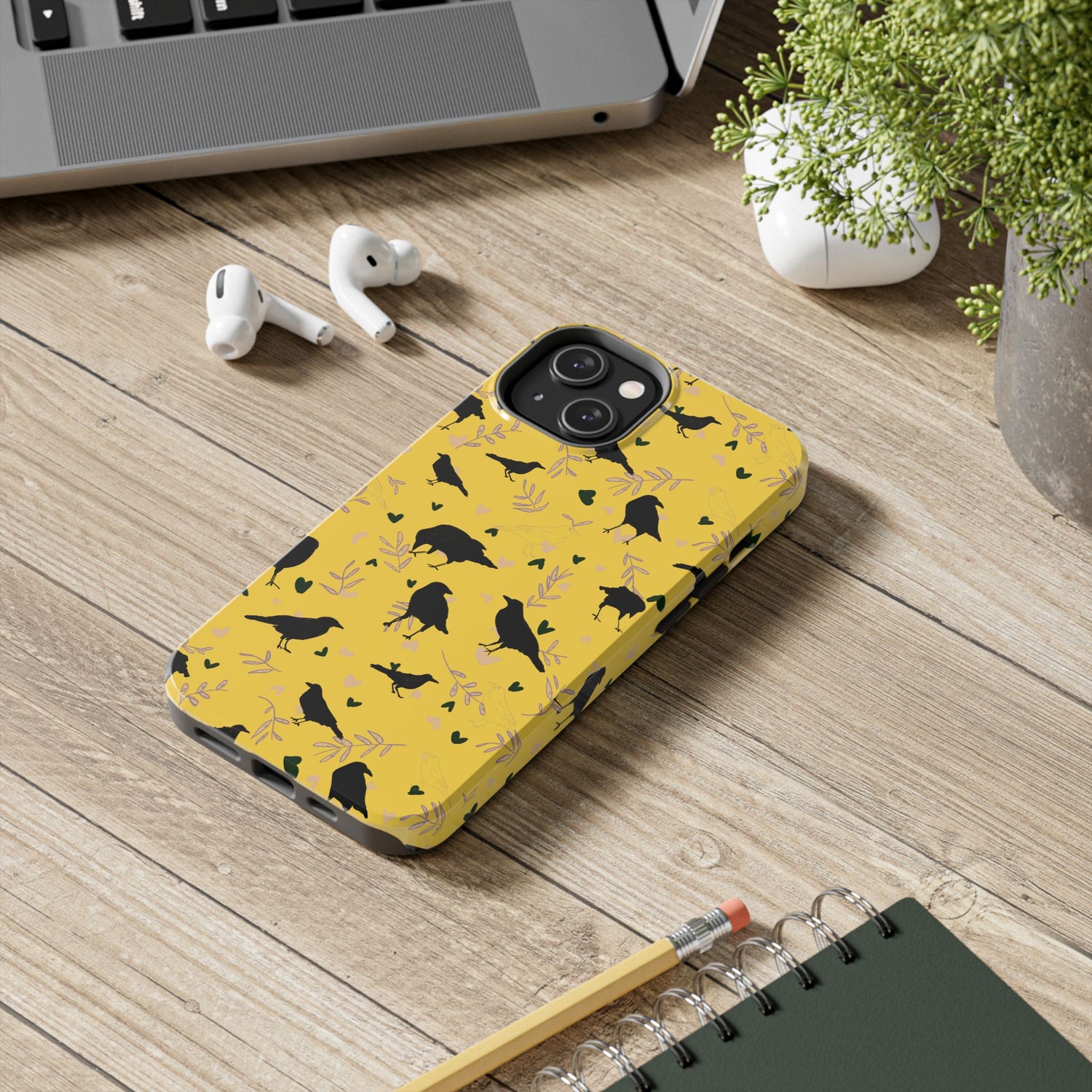 🖤 Raven Rapture – Black Bird Botanical iPhone Case
