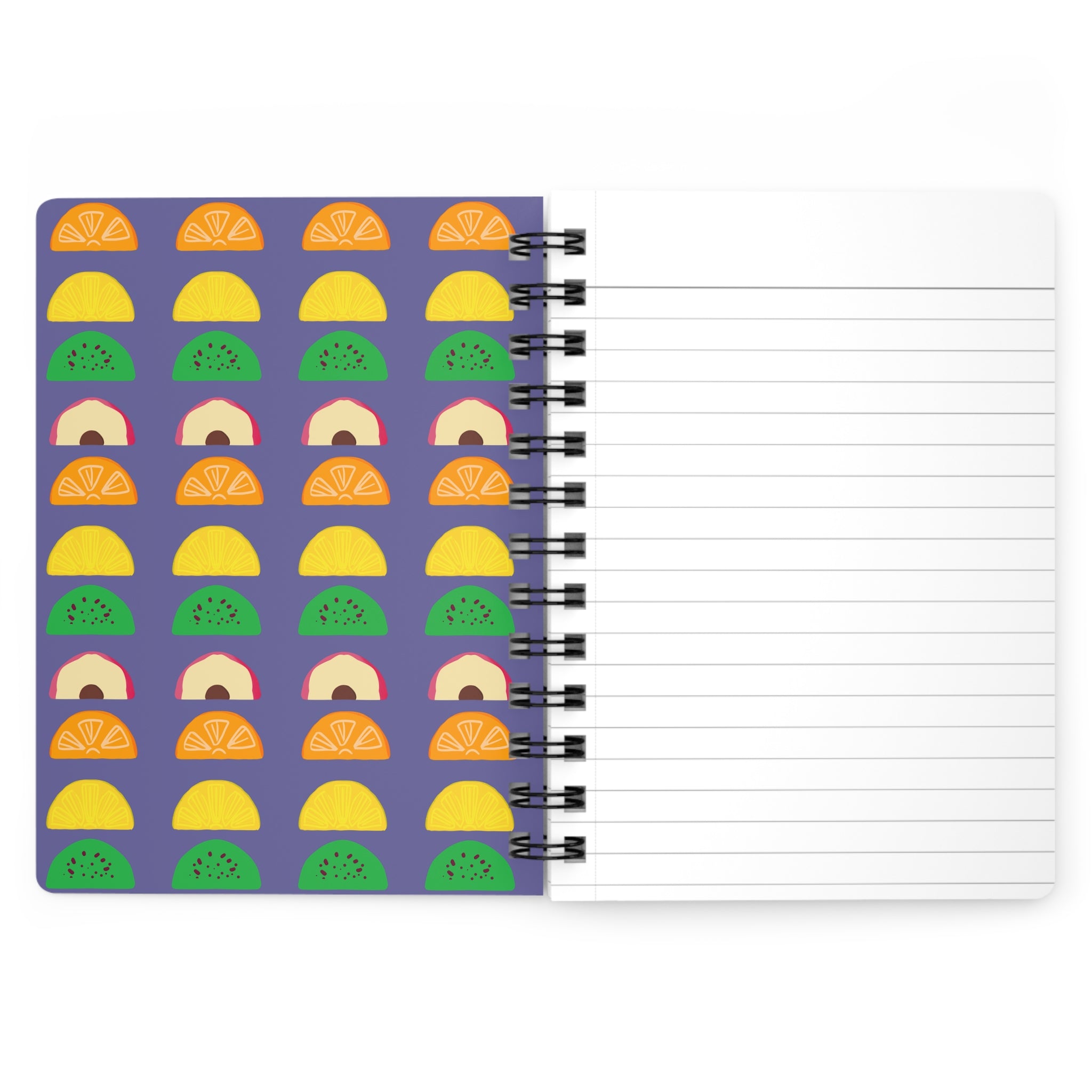 🍓 Tutti Frutti 5"x7" Spiral Notebook – Purple Fruit Pattern Journal with Glossy Hardcover