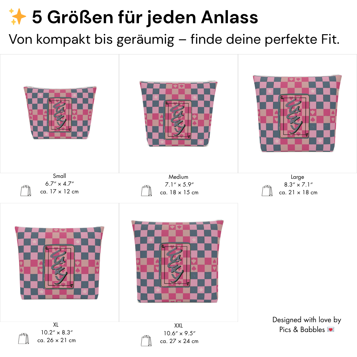 Von kompakt bis geräumig – welche Größe passt zu dir? | Visualisierte Info zu den Maßen in Deutsch für einfaches Vergleichen.