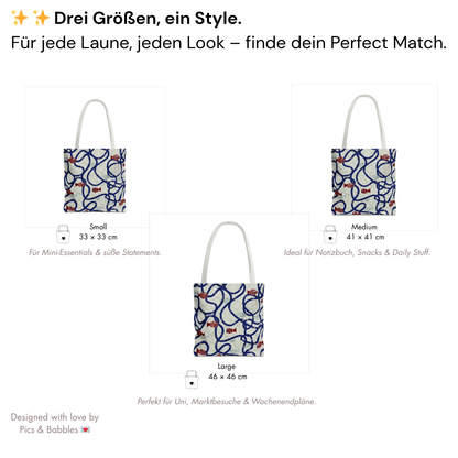 Größenübersicht mit Beschreibung in Deutsch – von Uni bis Wochenende. / Size chart for the Good Catch Tote in German – ideal for uni, errands, or getaways.