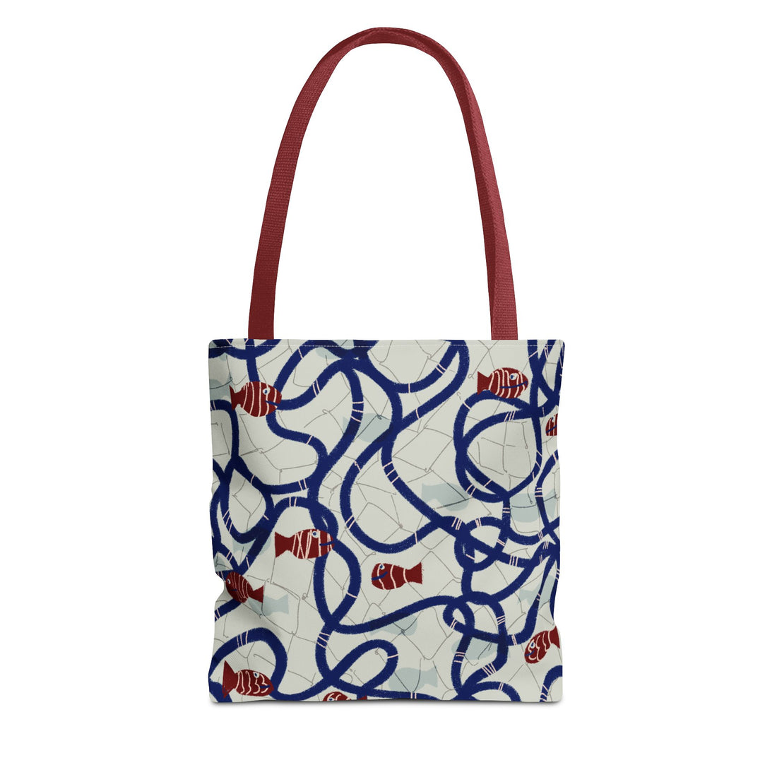 Nautical tote bag with red fish and navy rope print, red handles – front view. / Maritime Tote Bag mit roten Fischen, navyblauem Seildesign und roten Trägern – Vorderansicht.