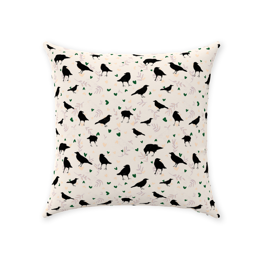 Hand-drawn raven pattern pillow – gothic and cottagecore deco