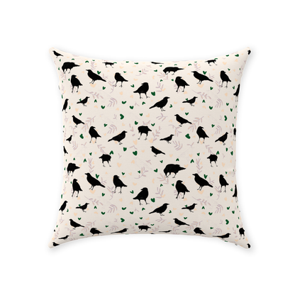 Hand-drawn raven pattern pillow – gothic and cottagecore deco