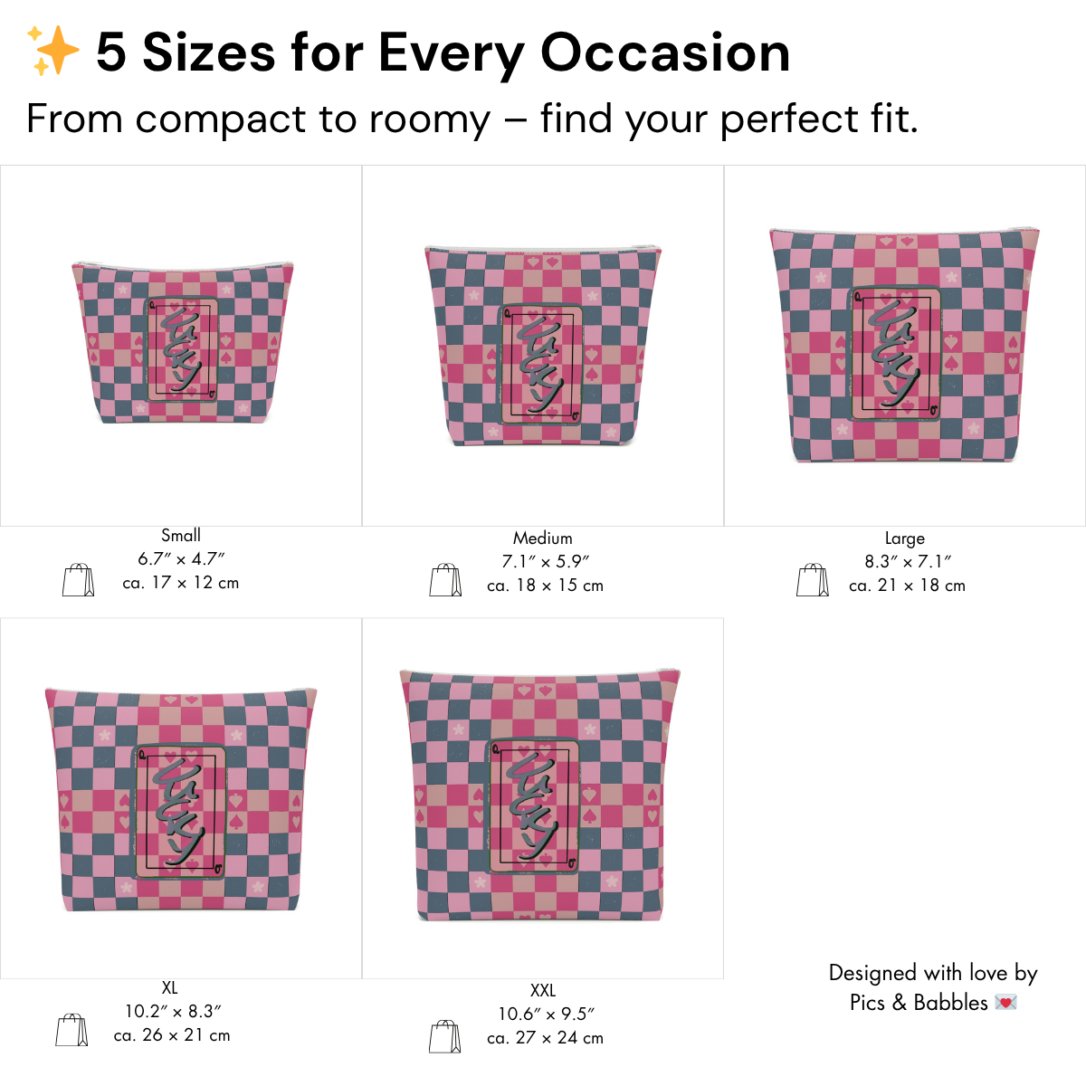 5 size options from mini to roomy. Visual comparison for perfect fit. | Übersicht der fünf verfügbaren Größen mit Abmessungen &amp; Verwendungsbeispielen.