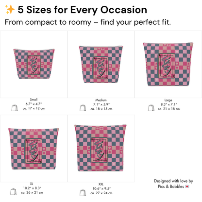 5 size options from mini to roomy. Visual comparison for perfect fit. | Übersicht der fünf verfügbaren Größen mit Abmessungen &amp; Verwendungsbeispielen.