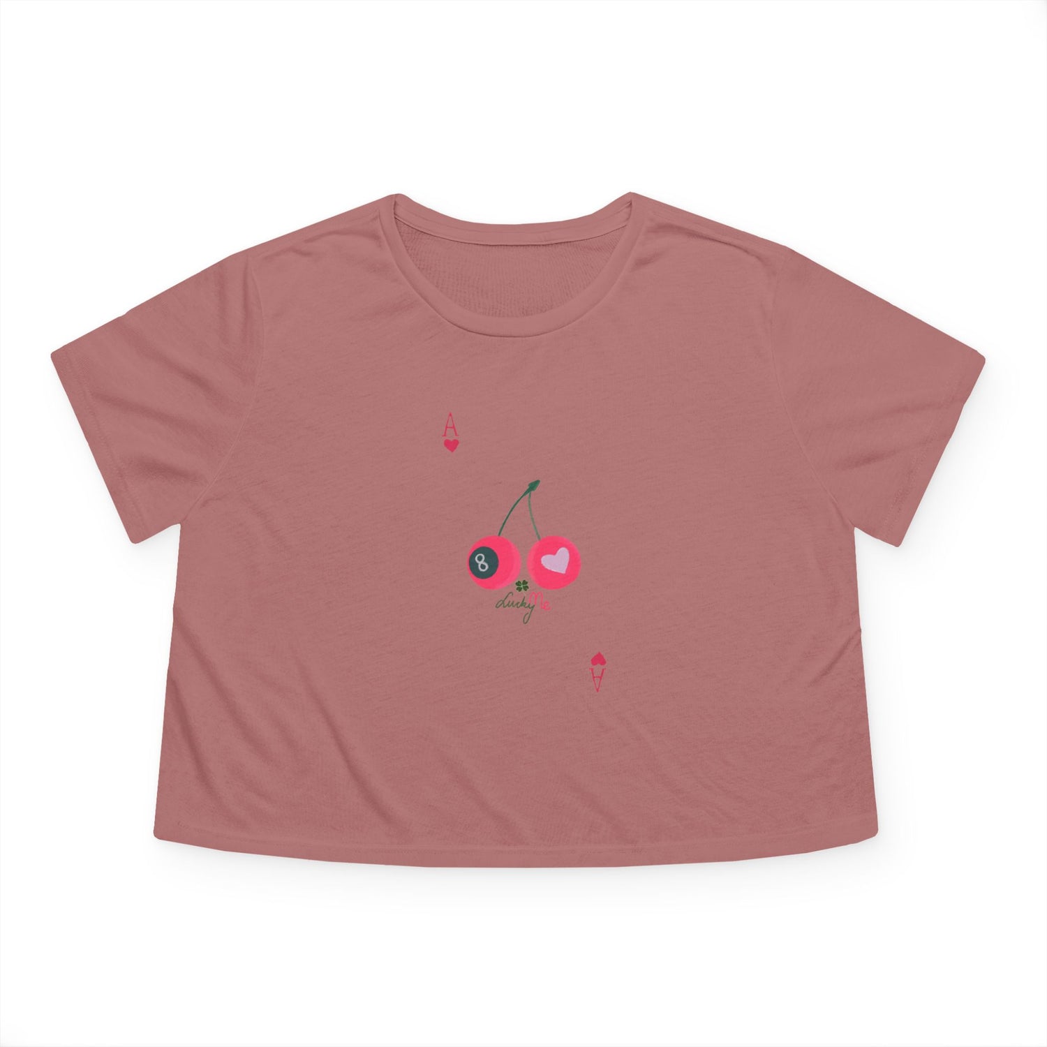 flat lay Lucky Me mauve cropped tee with cherry and 8-ball print mock up