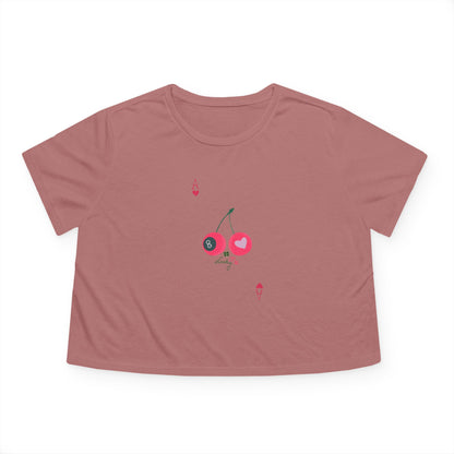 flat lay Lucky Me mauve cropped tee with cherry and 8-ball print mock up