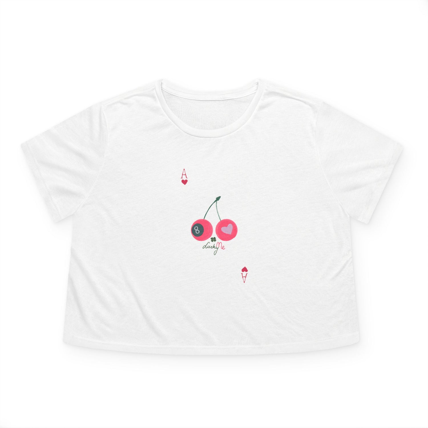 flat lay Lucky Me white cropped tee with cherry and 8-ball print mock up