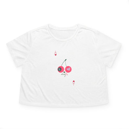 flat lay Lucky Me white cropped tee with cherry and 8-ball print mock up