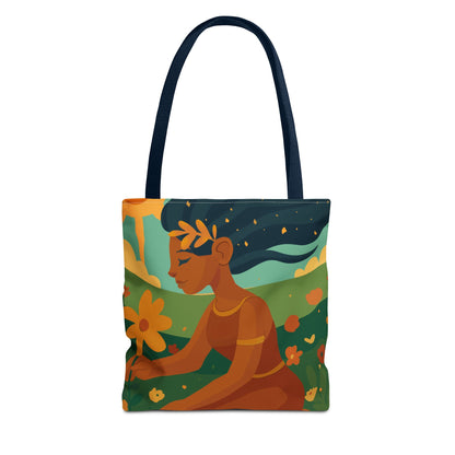 Modern Folklore Canvas Tote – front view with navy straps and illustrated woman in floral meadow | Stofftasche mit Illustration einer Frau auf der Wiese (Vorderansicht, Navy-Henkel)