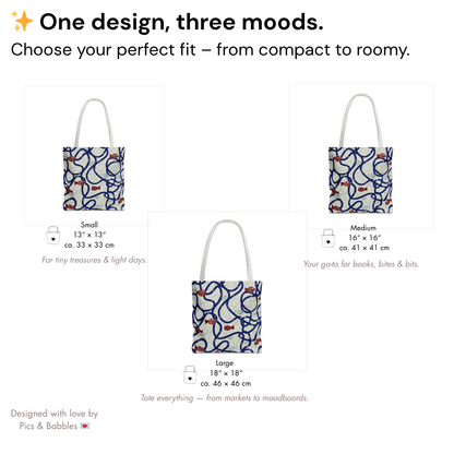 Overview of the Good Catch tote in three sizes: small, medium, and large – shown with lifestyle usage. / Übersicht der Good Catch Tote in drei Größen – Small, Medium, Large – mit stilvollen Anwendungsideen.