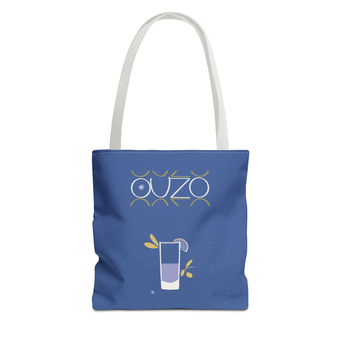 Vorderseite der Ouzo Vibes Tote Bag mit mediterranem Cocktail-Illustrationsprint auf Blau und weißen Henkeln