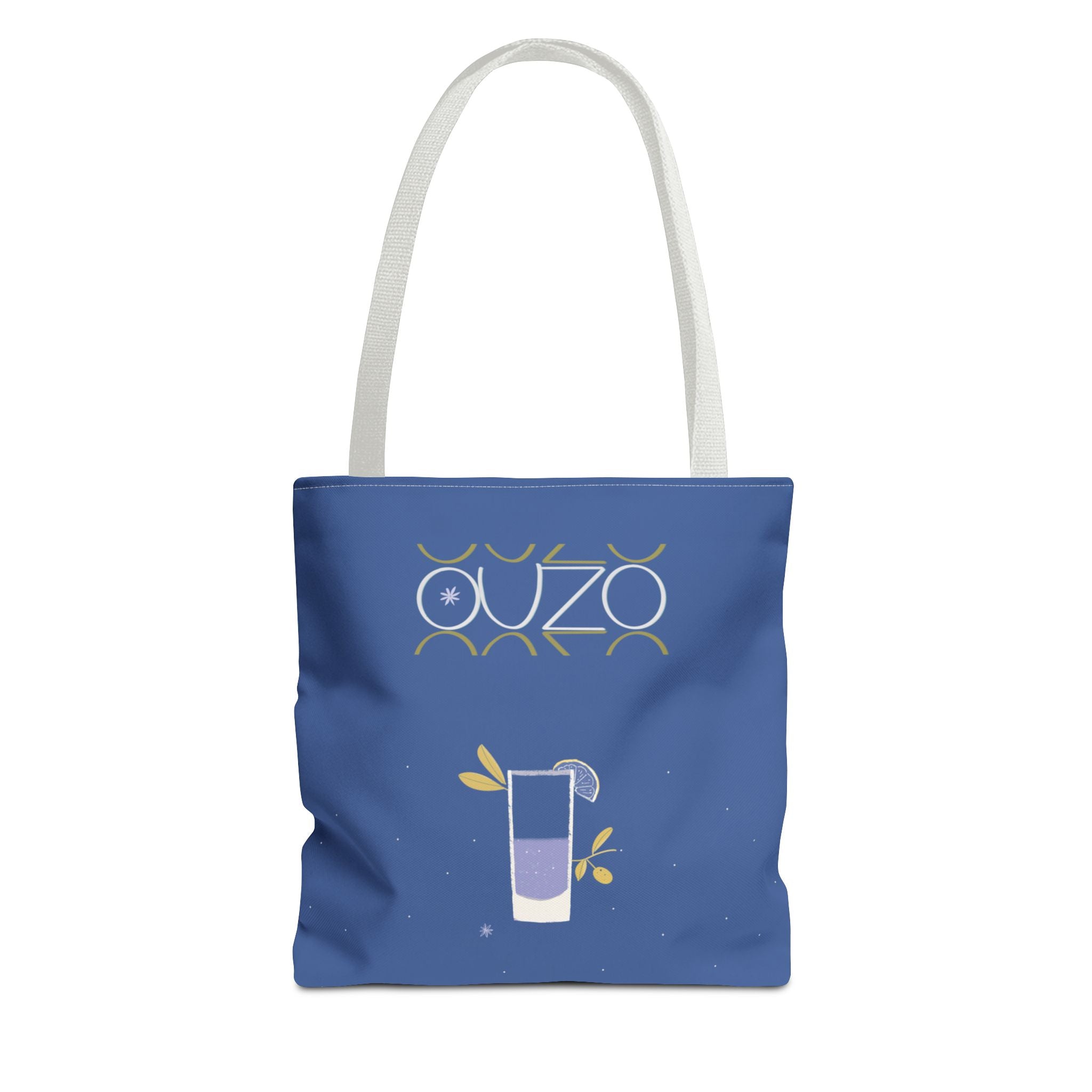 Vorderseite der Ouzo Vibes Tote Bag mit mediterranem Cocktail-Illustrationsprint auf Blau und weißen Henkeln