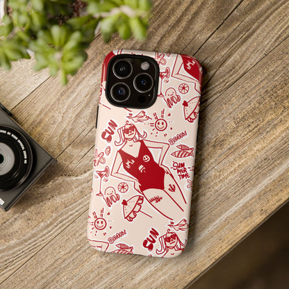 Handyhülle im Flatlay auf Holz · Sommerliche Ästhetik. Phone case flatlay on wood · summer aesthetic.