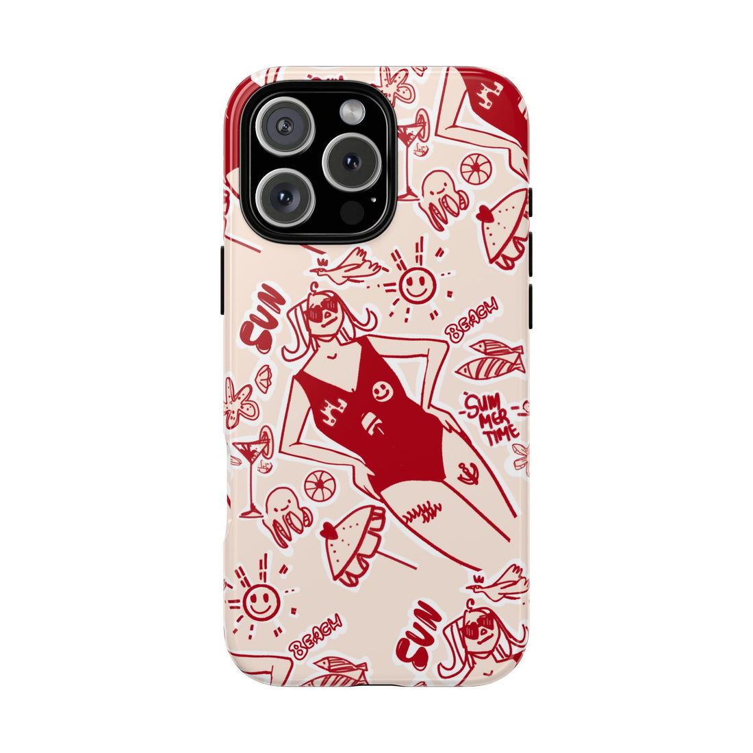 Glossy phone case with red summer doodles on cream background – sun girl, beach motifs, cocktails and sketchbook vibe
