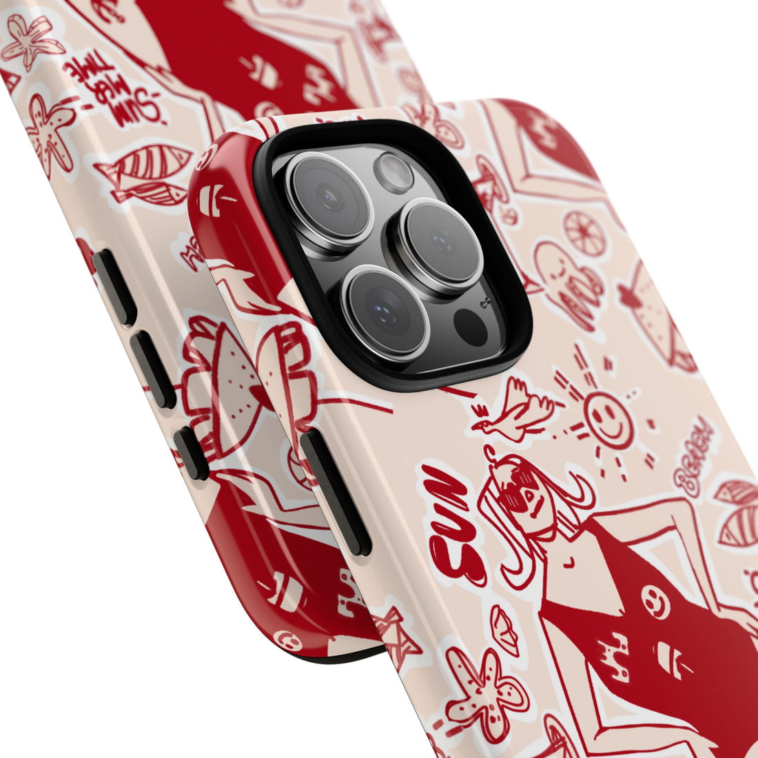 Detailansicht der glänzenden Tough Case Handyhülle mit sommerlichem Design und Rundum-Druck.Detail view of glossy tough case with summer red doodles and full wraparound print
