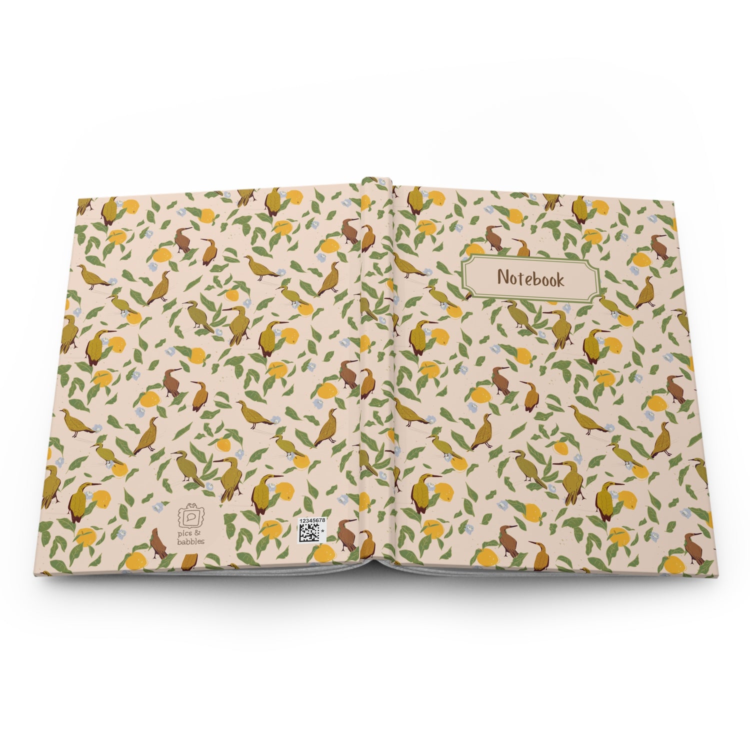 open citrus garden floral notebook bird and lemon pattern spread