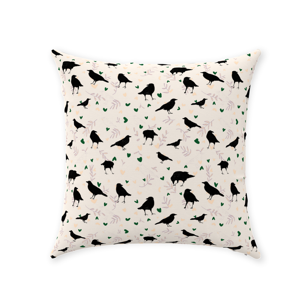 Hand-drawn raven pattern pillow – gothic and cottagecore decor