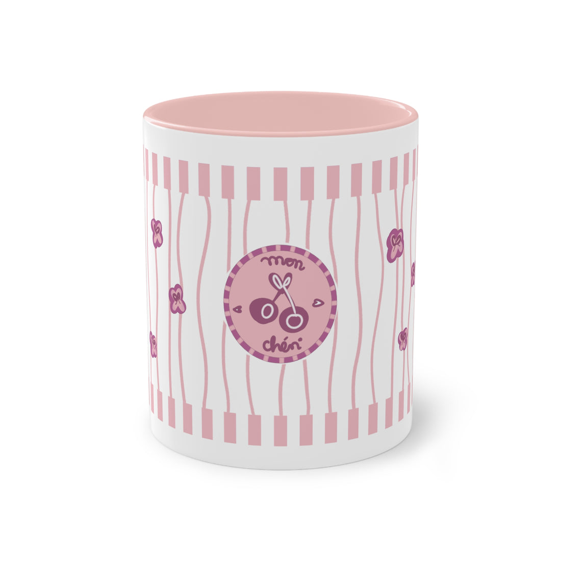 Mon Chéri Tasse mit rosa Streifen und Kirschen auf weißem Keramikbecher