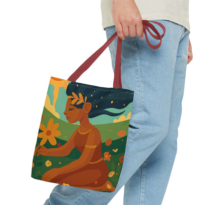 Model with Modern Folklore Tote – red straps, expressive blooming field design | Tragetasche mit rotem Henkel und floraler Motivik, getragen am Arm