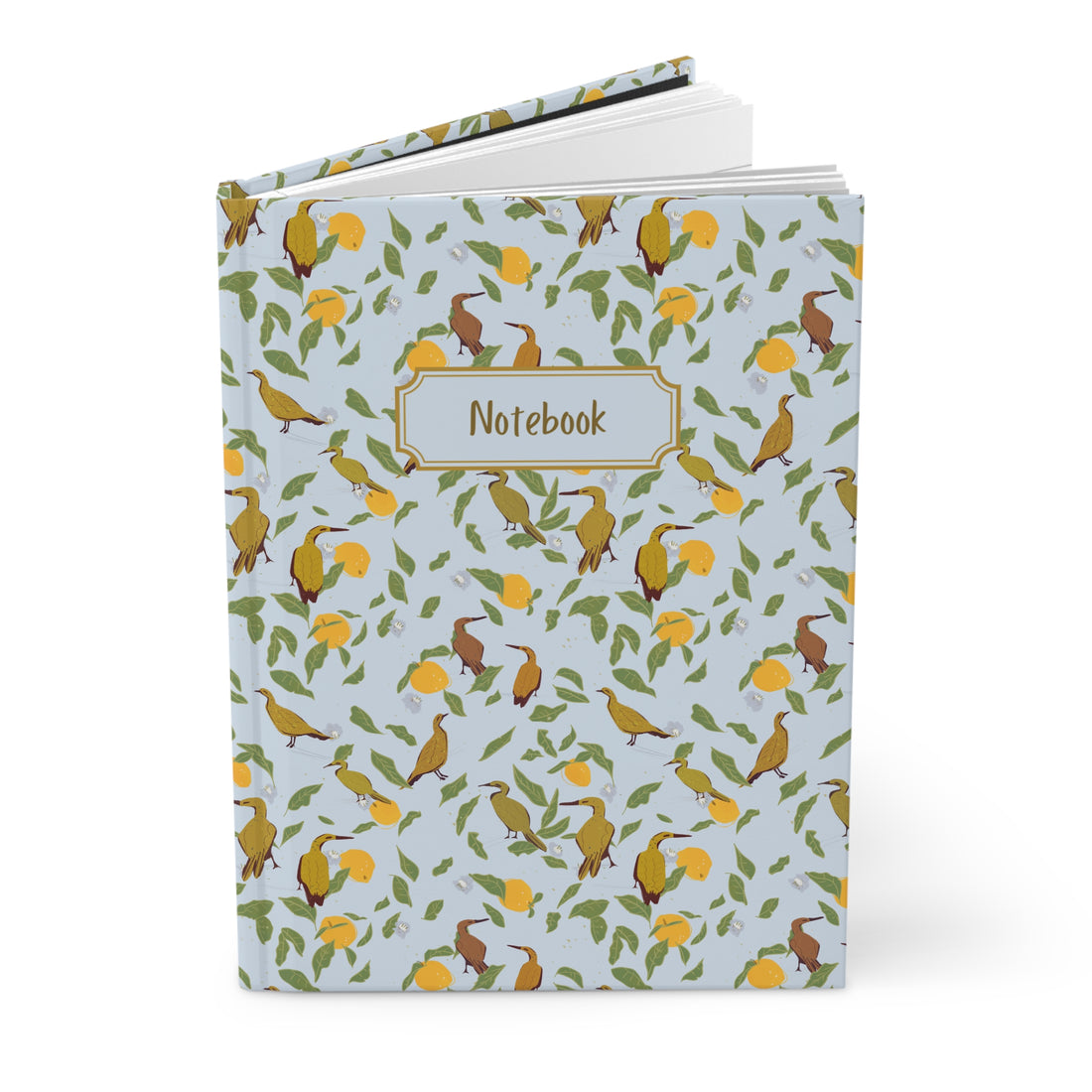 soft blue hardcover notebook bird and lemon pattern journal